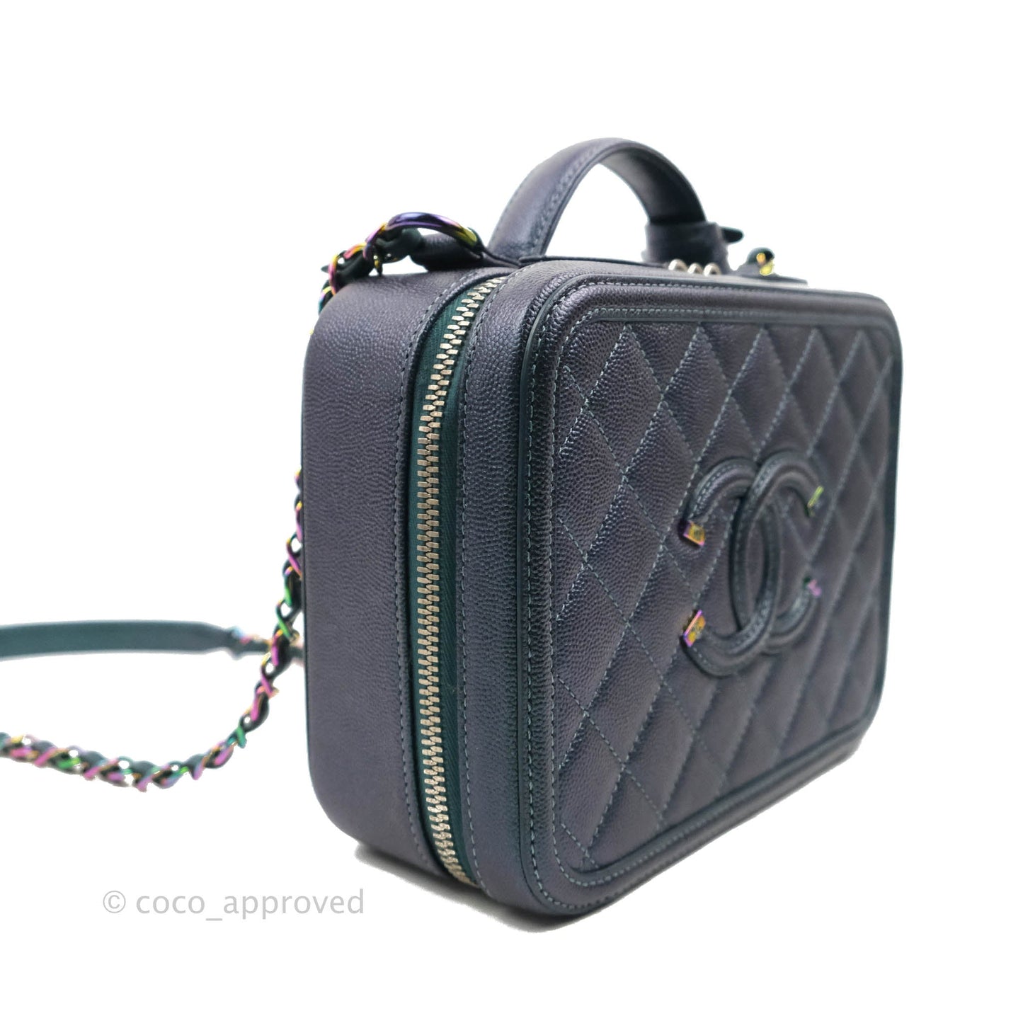 Chanel Quilted Medium CC Filigree Vanity Case Iridescent Dark Turquoise Caviar Rainbow Hardware