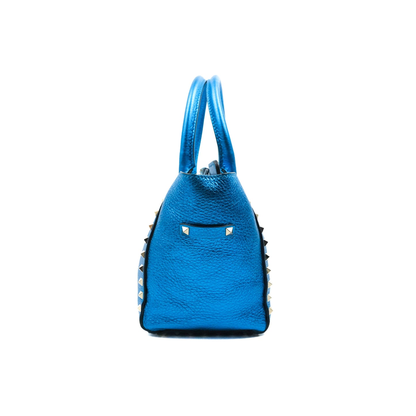 Valentino Garavani Small Trapeze Rockstud Metallic Blue Grained Calfskin Gold Hardware
