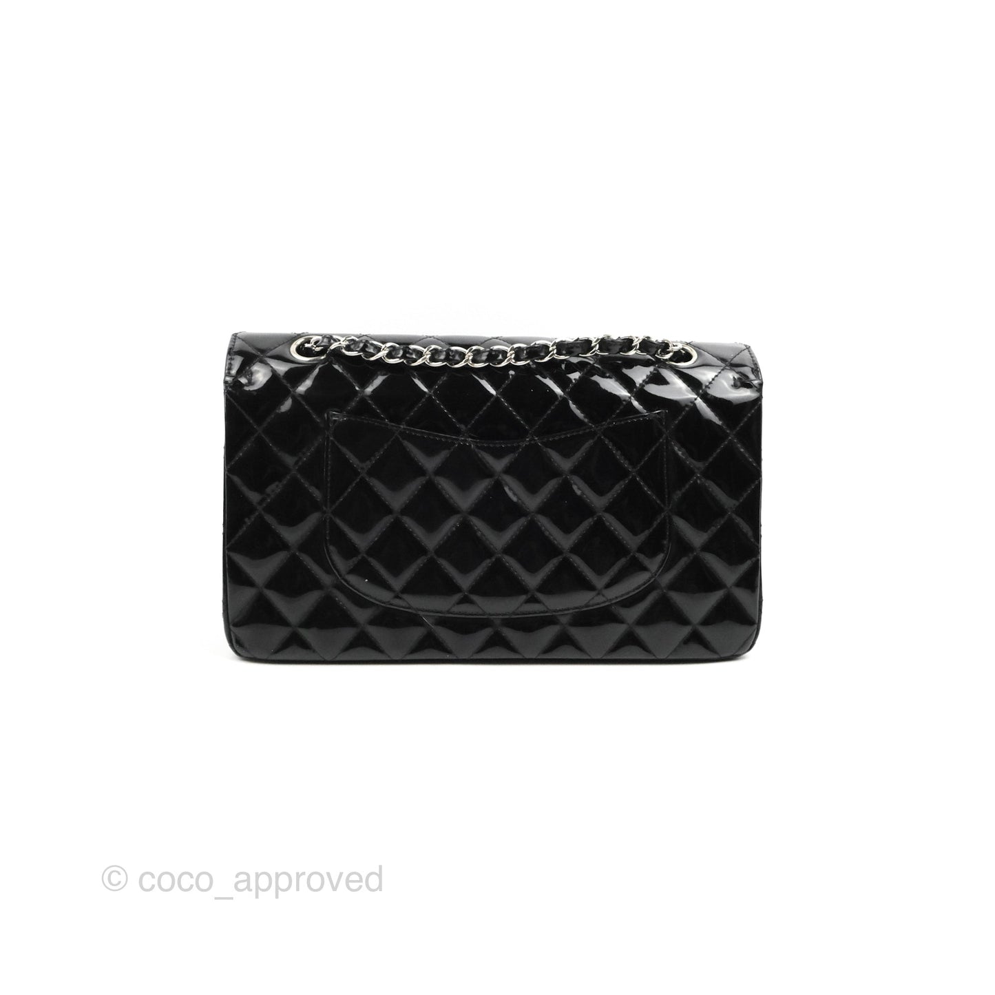 Chanel Classic M/L Medium Flap Quilted Black Patent Silver Hardware