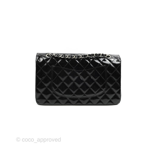 Chanel Classic M/L Medium Flap Quilted Black Patent Silver Hardware