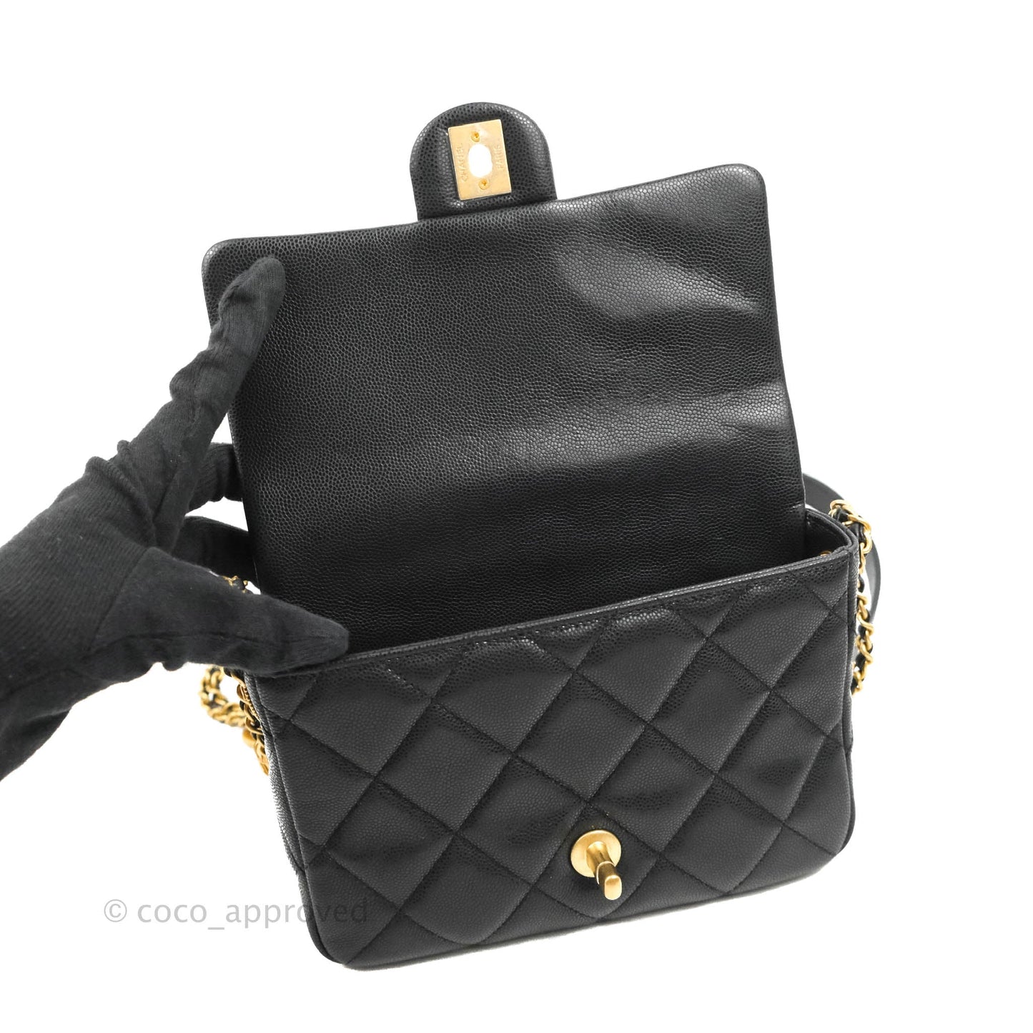 Chanel Small Flap with Coin Charm Black Caviar Aged Gold Hardware 22A