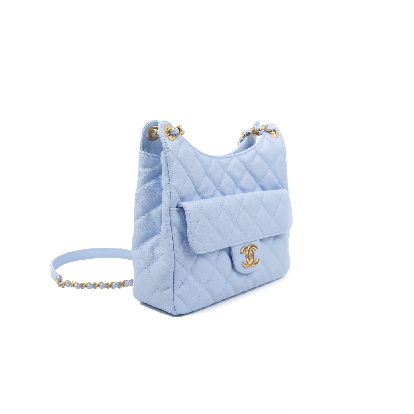 Chanel Quilted Wavy CC Hobo Light Blue Caviar Aged Gold Hardware 23P