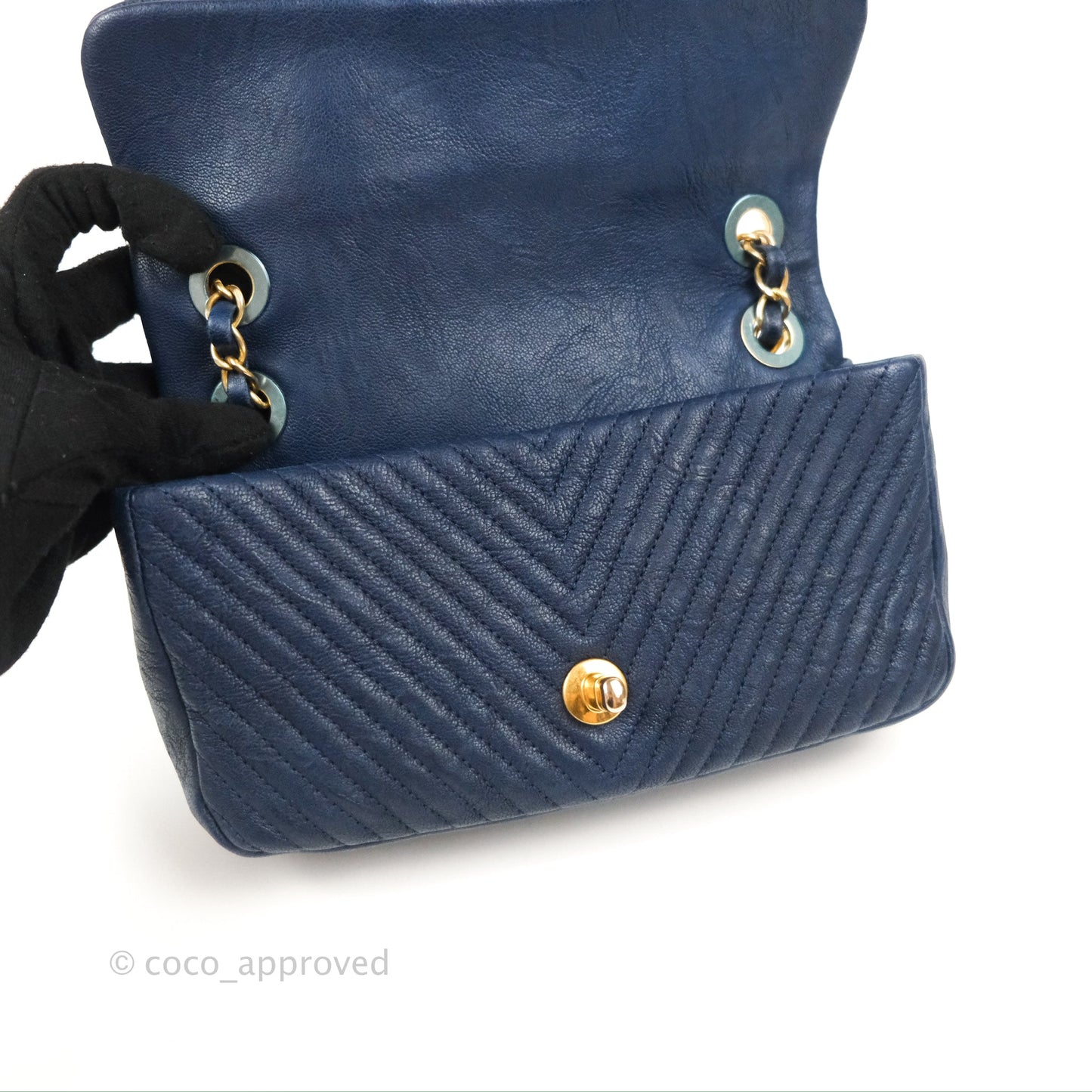 Chanel Small Chevron Surpique Flap Navy Calfskin Aged Gold Hardware
