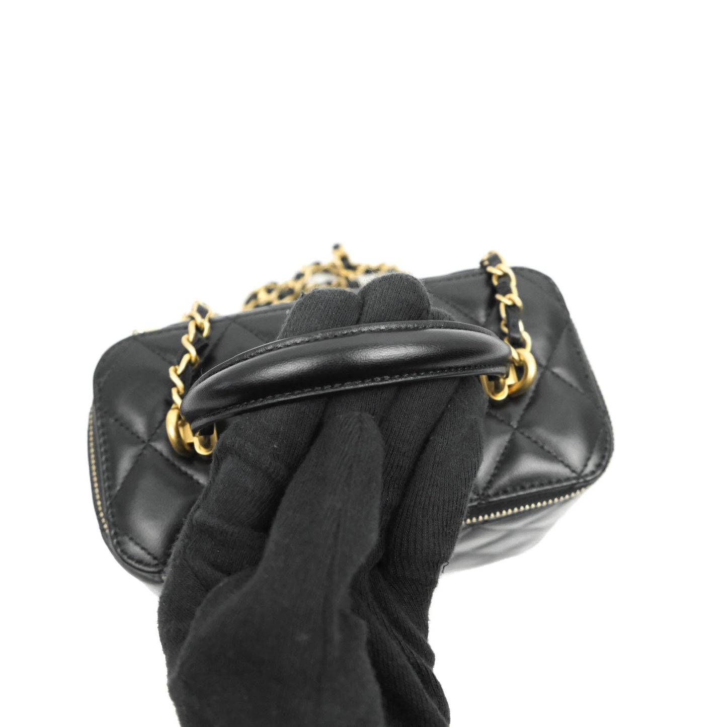 Chanel Classic Vanity Rectangular Top Handle With Chain Black Lambskin Aged Gold Hardware