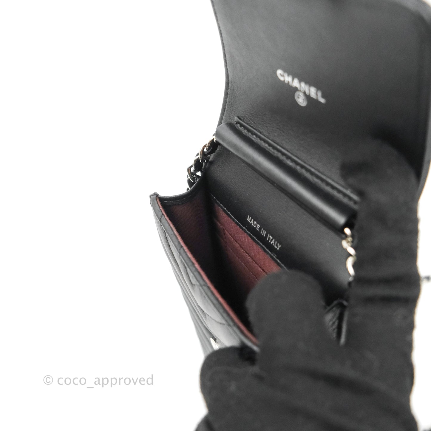 Chanel Classic Chevron Phone Holder Calfskin Black Silver Hardware