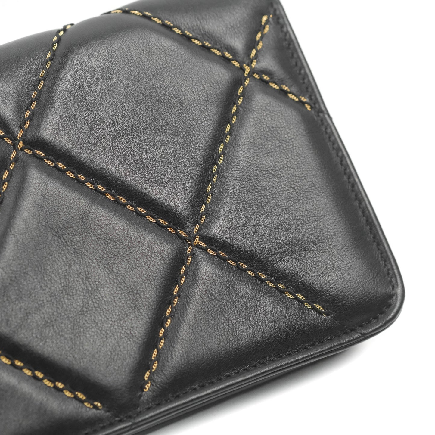 Chanel Quilted Wallet on Chain WOC Stitching Black Lambskin Gold Hardware