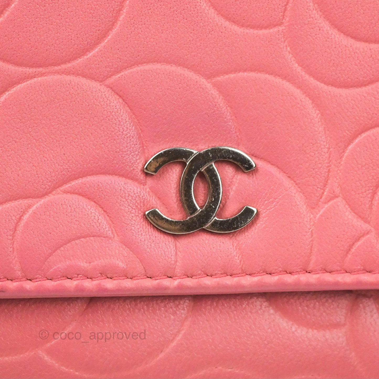 Chanel Camellia Embossed Wallet On Chain WOC Pink Lambskin Silver Hardware
