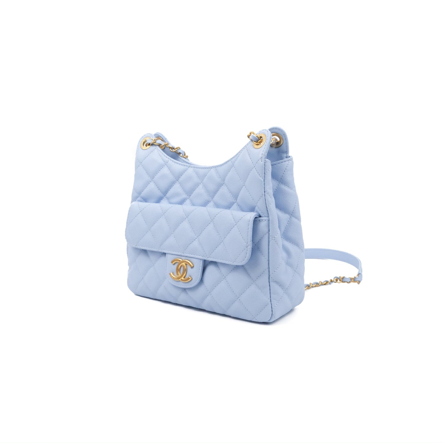 Chanel Quilted Wavy CC Hobo Light Blue Caviar Aged Gold Hardware 23P