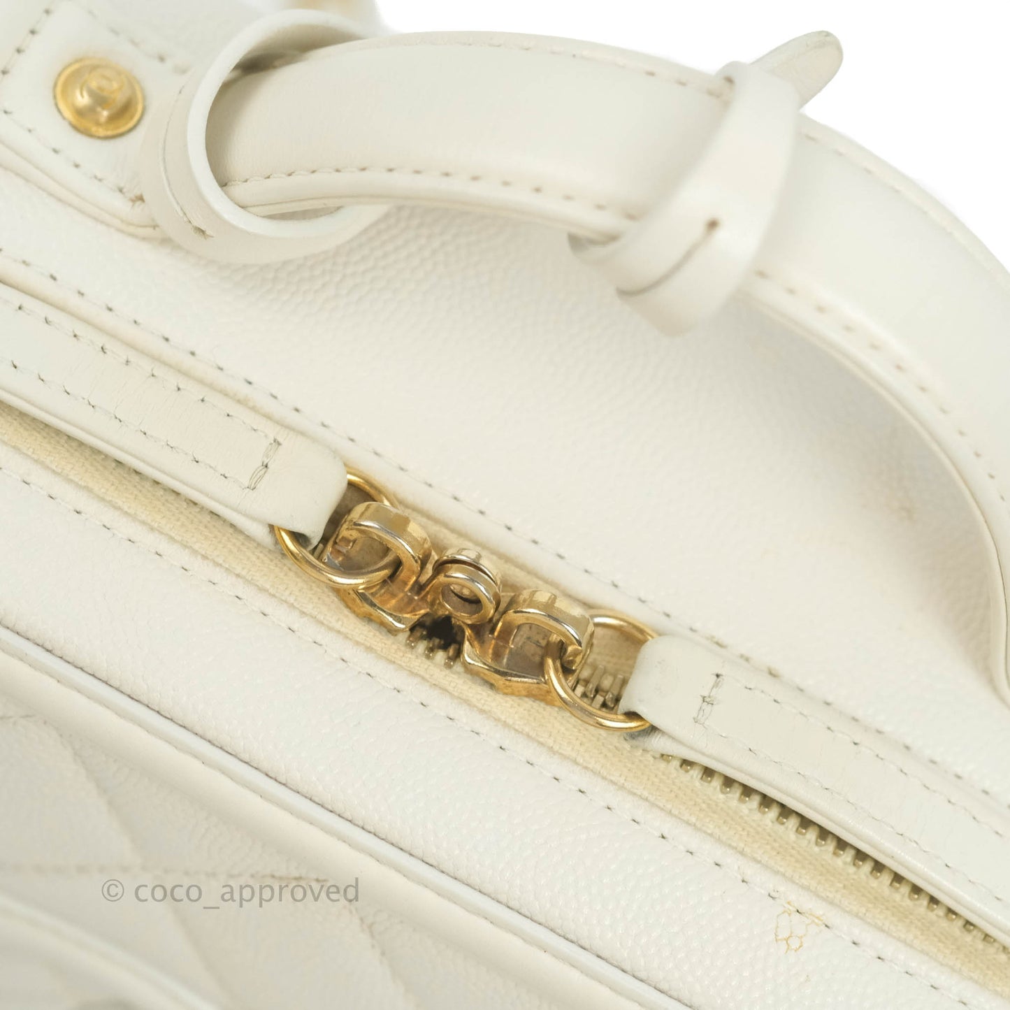 Chanel Quilted Medium CC Filigree Vanity Case White Caviar Aged Gold Hardware