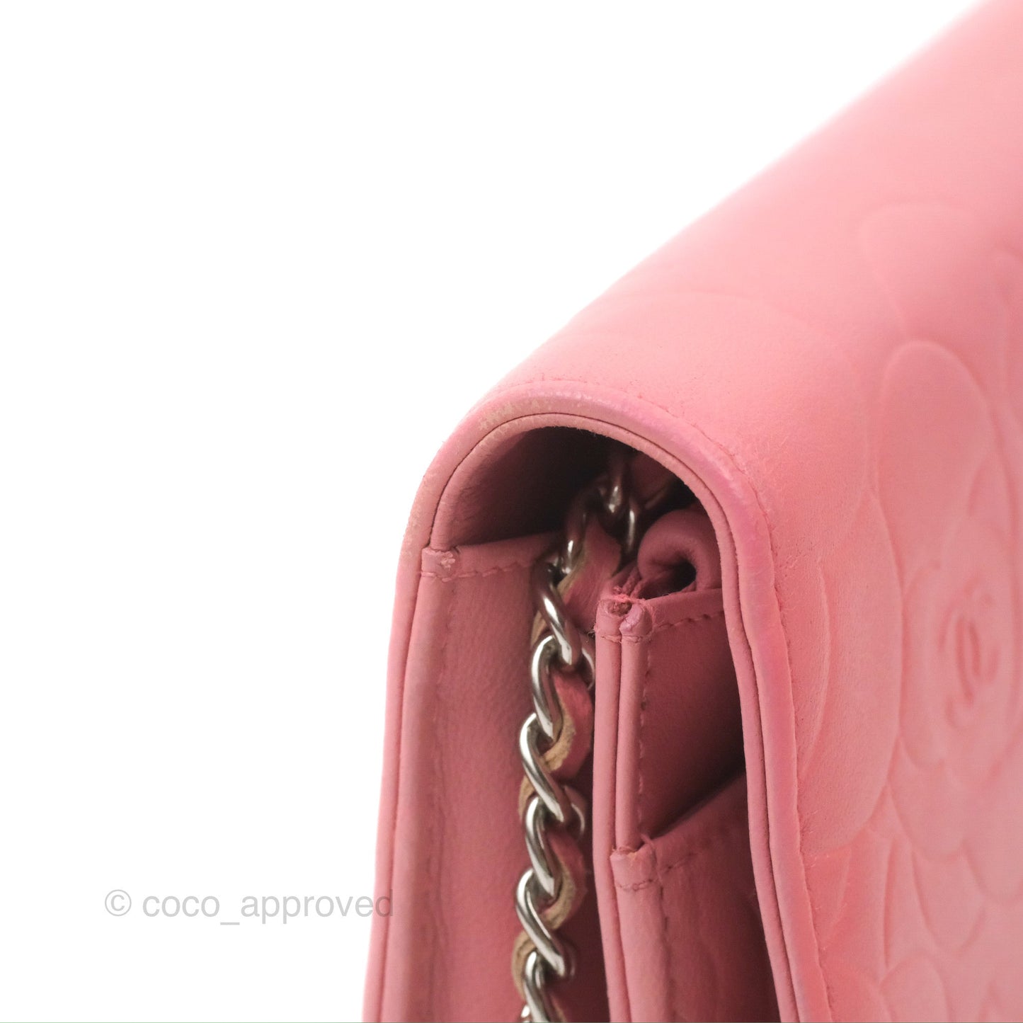 Chanel Camellia Embossed Wallet On Chain WOC Pink Lambskin Silver Hardware