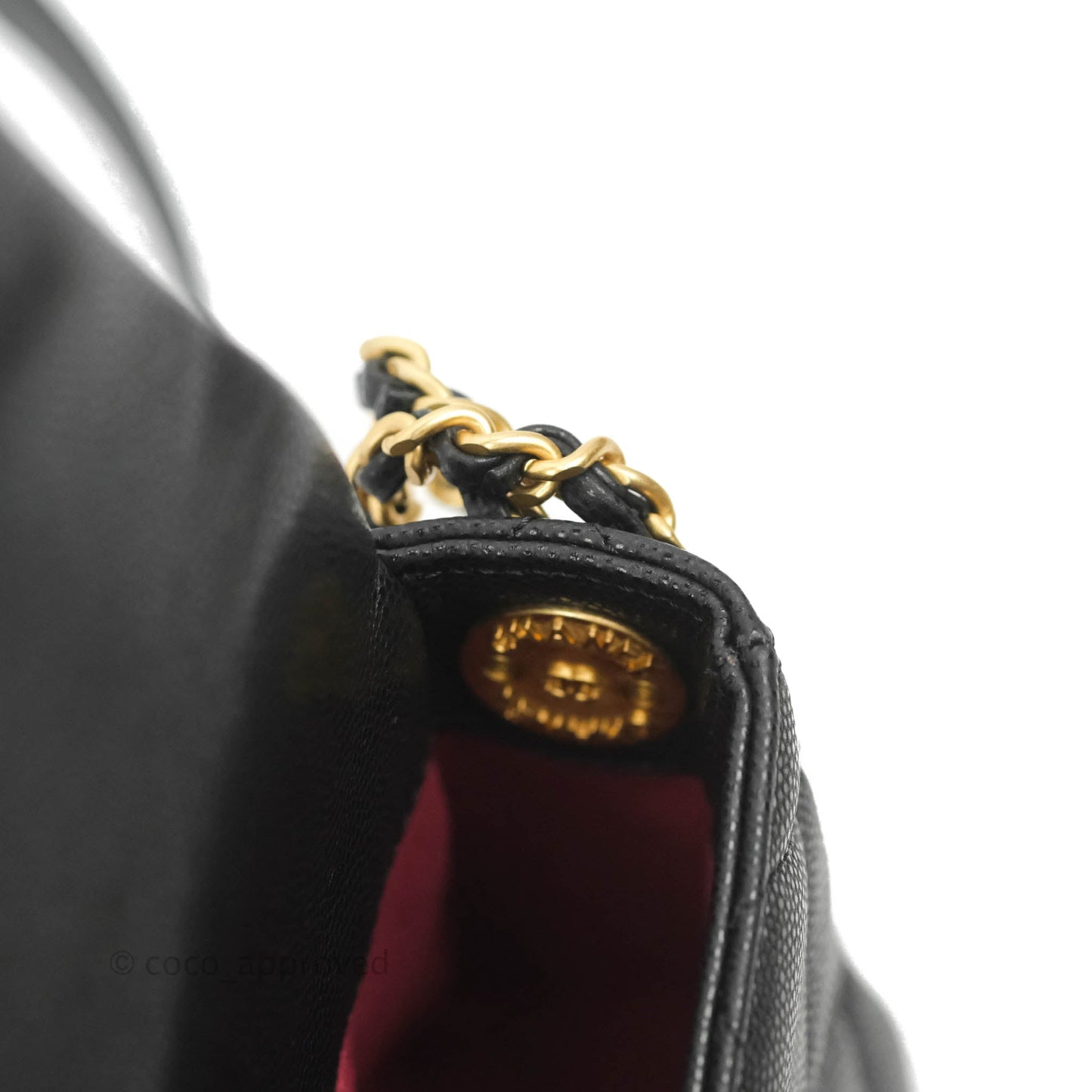 Chanel Small Flap with Coin Charm Black Caviar Aged Gold Hardware 22A