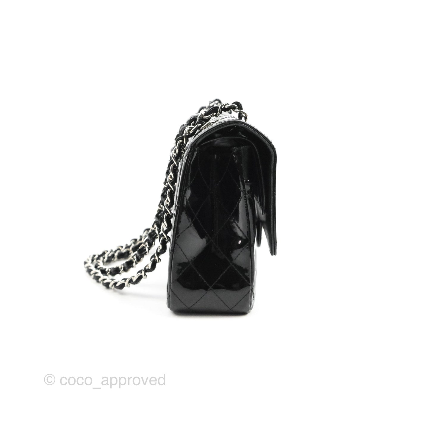 Chanel Classic M/L Medium Flap Quilted Black Patent Silver Hardware