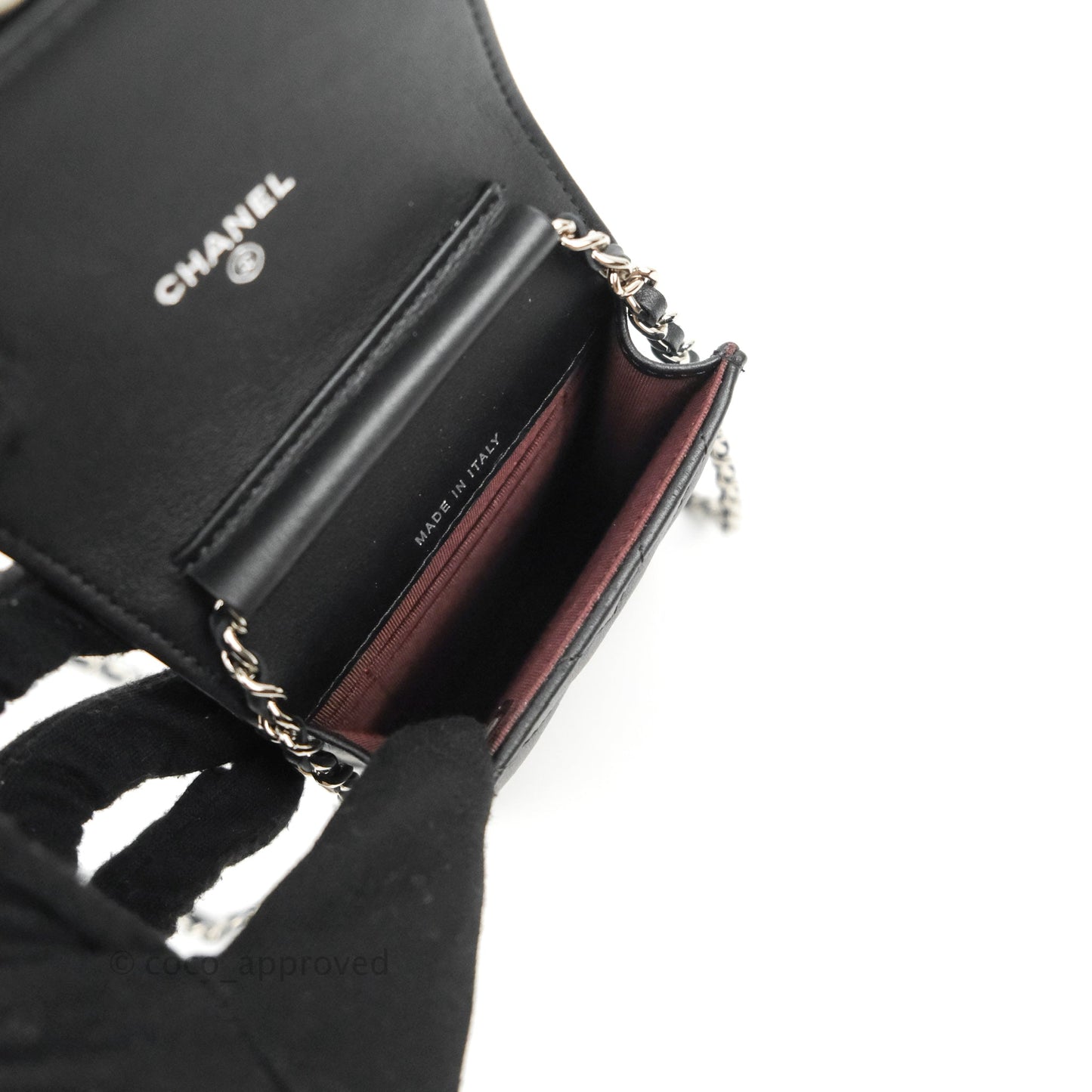 Chanel Classic Chevron Phone Holder Calfskin Black Silver Hardware