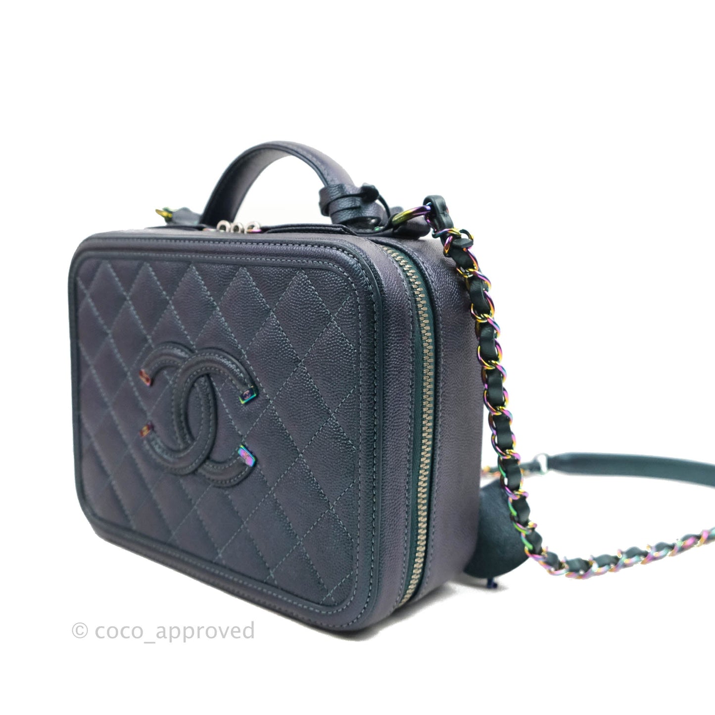 Chanel Quilted Medium CC Filigree Vanity Case Iridescent Dark Turquoise Caviar Rainbow Hardware