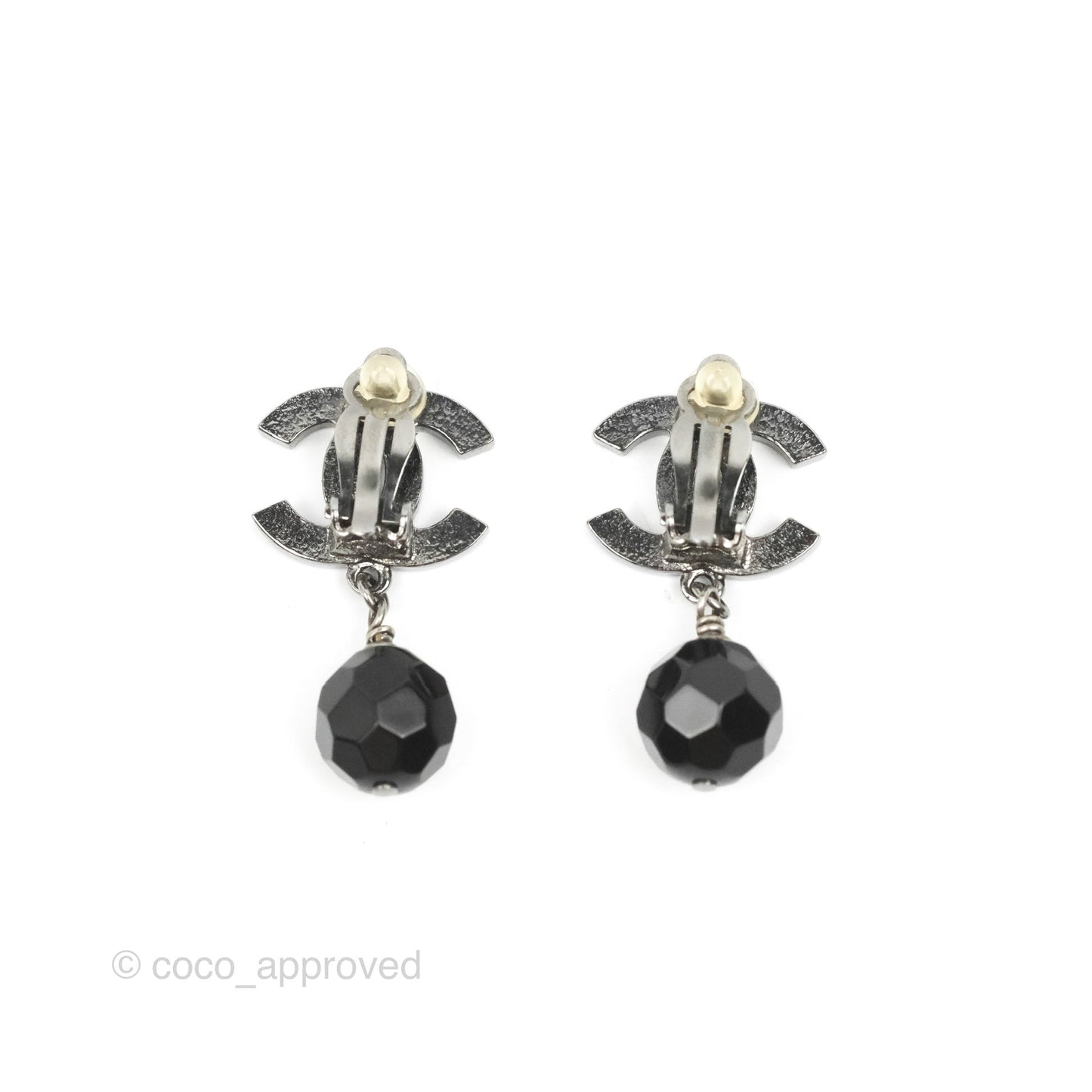 Chanel CC Black Resin Sphere Drop Ear Clip Gun Metal 12V