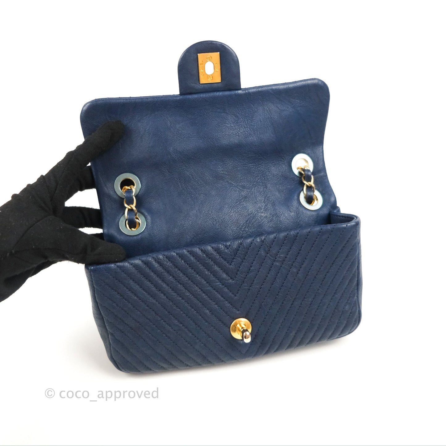 Chanel Small Chevron Surpique Flap Navy Calfskin Aged Gold Hardware