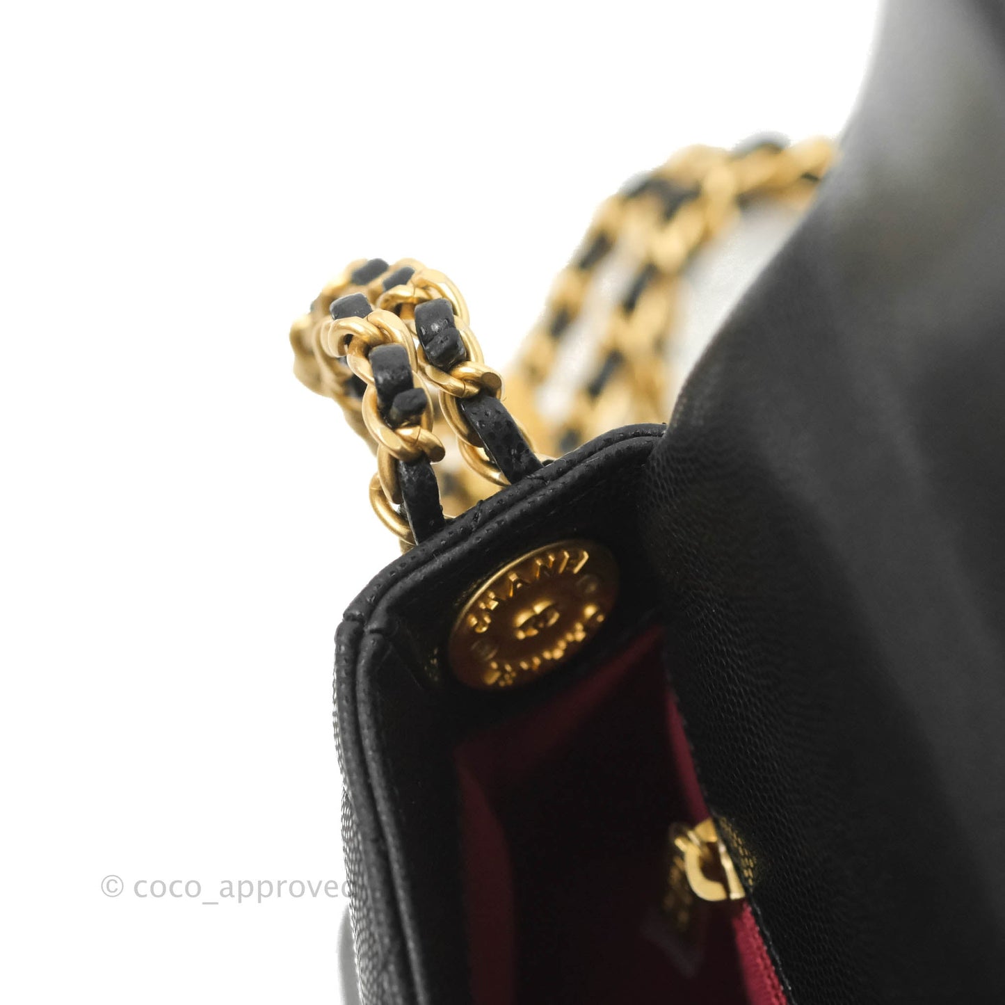 Chanel Small Flap with Coin Charm Black Caviar Aged Gold Hardware 22A