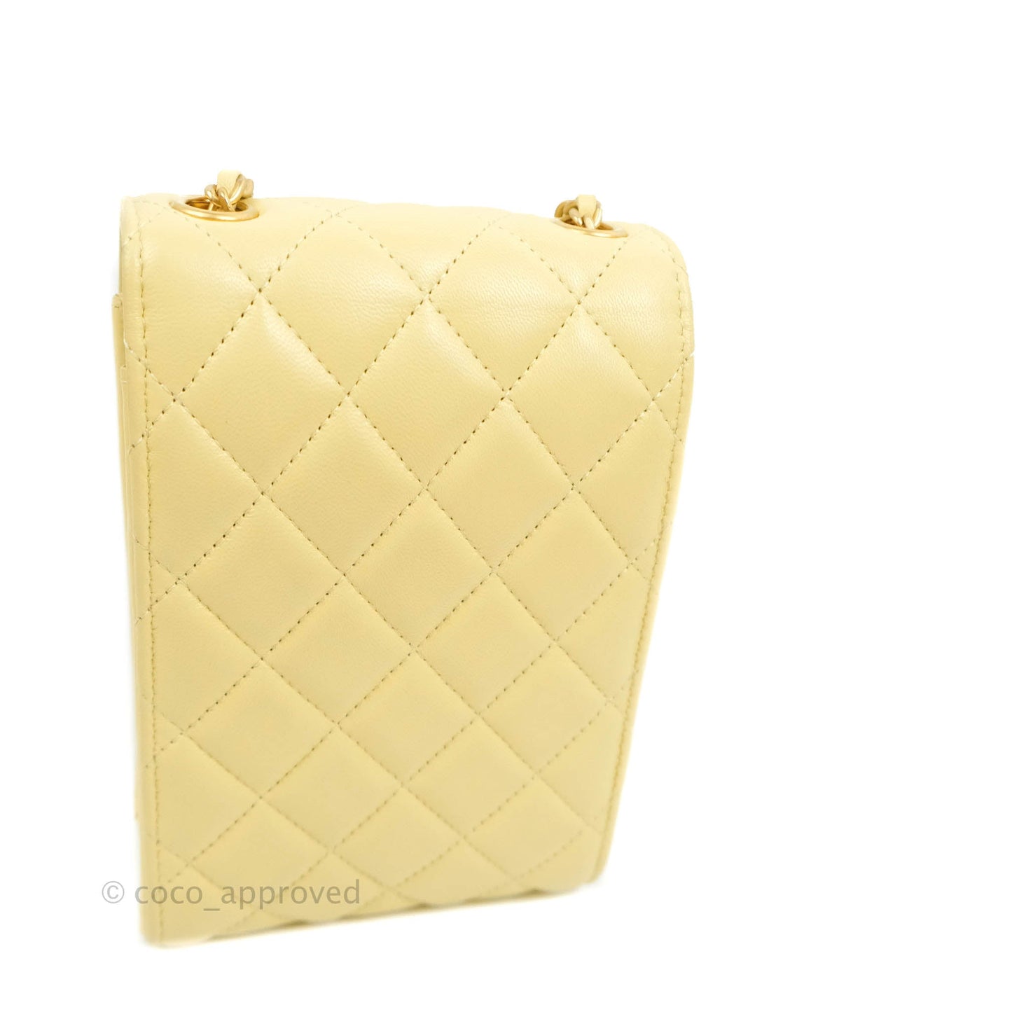 Chanel Quilted Pearl Crush Phone Holder With Chain Yellow Lambskin