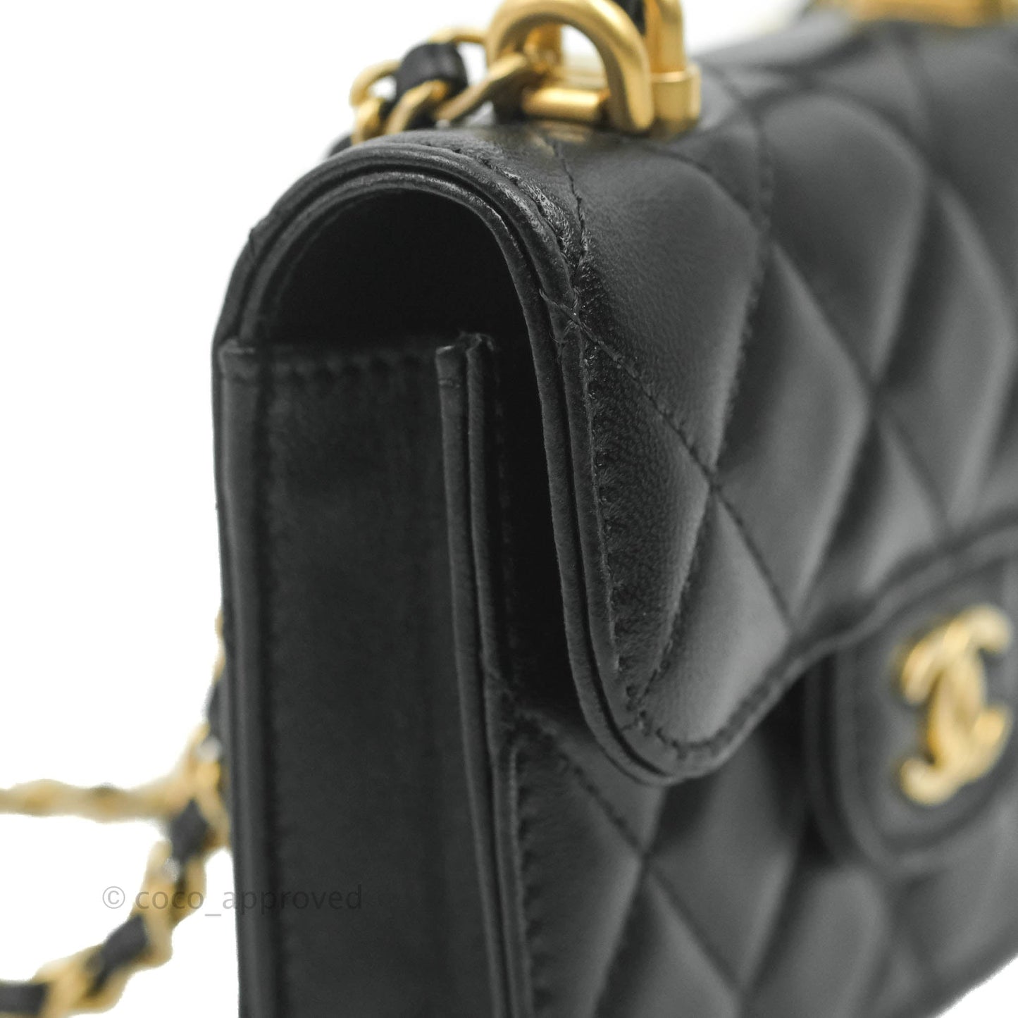 Chanel Mini Handle Flap Coin Purse With Chain Black Lambskin Gold Hardware
