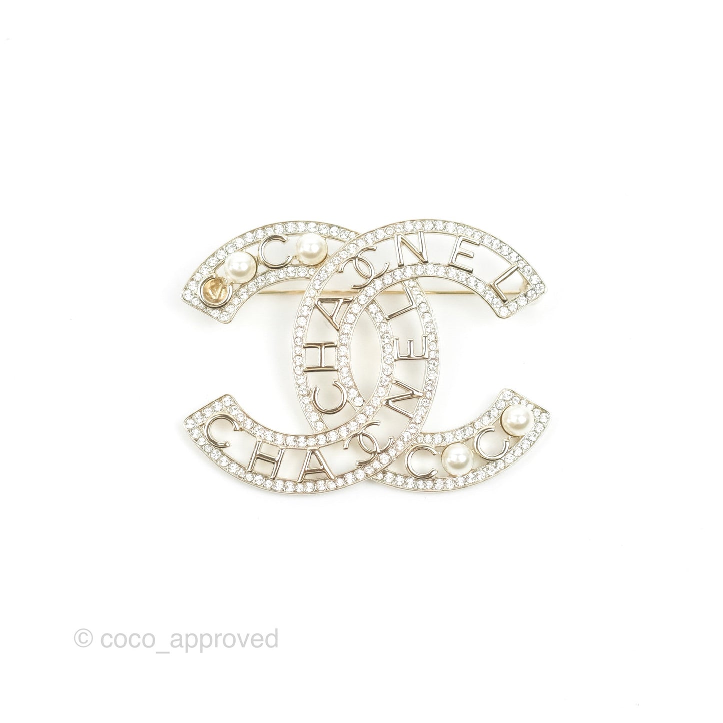 Chanel CC Pearl Crystal Brooch Light Gold Tone 23V