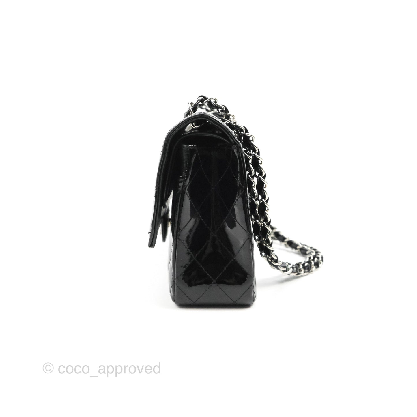 Chanel Classic M/L Medium Flap Quilted Black Patent Silver Hardware