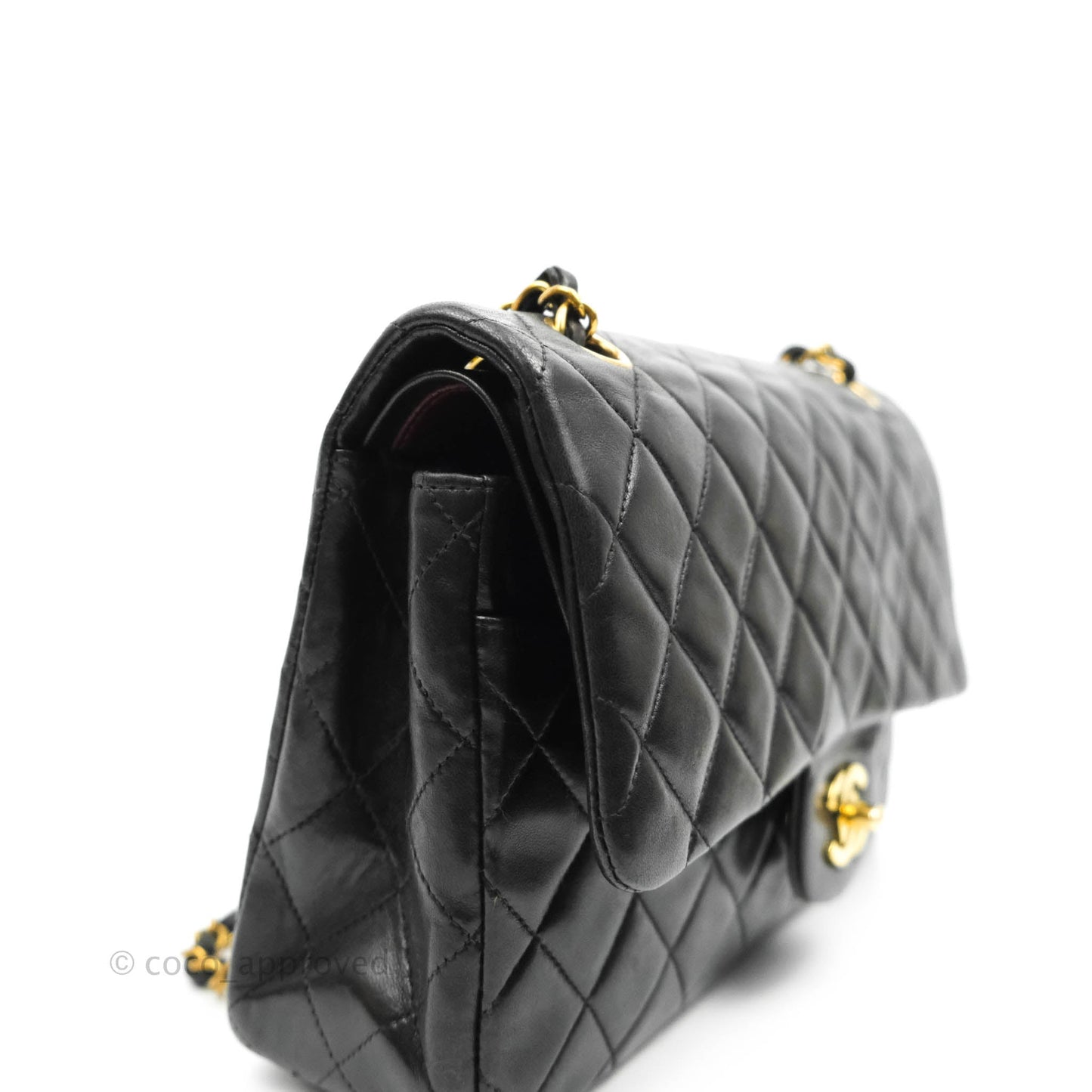 Chanel Vintage Classic M/L Medium Double Flap Bag Black Lambskin 24K Gold Hardware