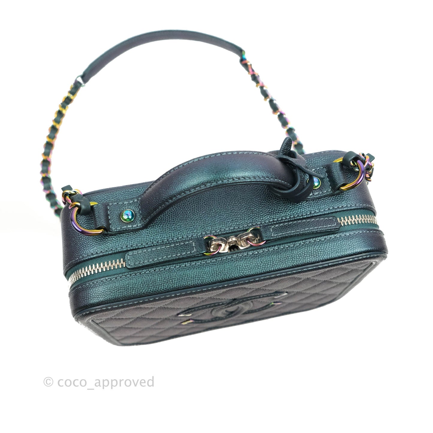 Chanel Quilted Medium CC Filigree Vanity Case Iridescent Dark Turquoise Caviar Rainbow Hardware
