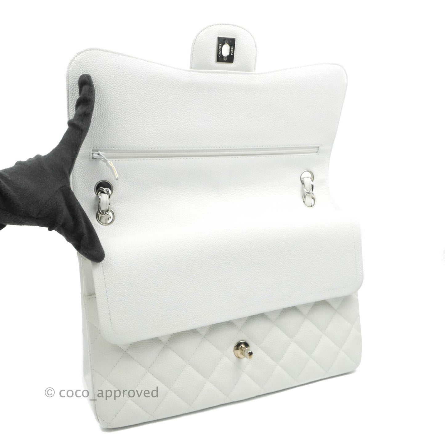 Chanel Jumbo Double Flap White Caviar Silver Hardware⁣⁣