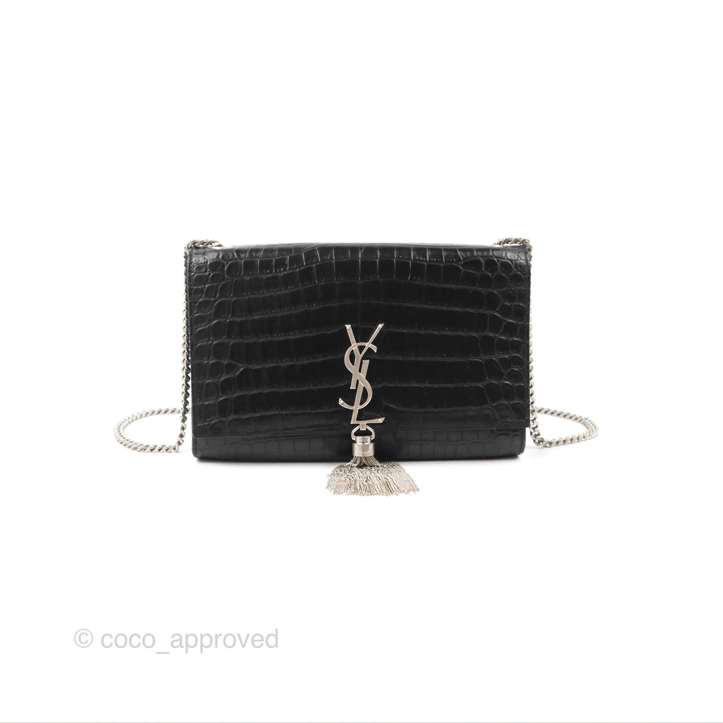 Saint Laurent Medium Kate Tassel Chain Bag Black Crocodile Embossed Calfskin Silver Hardware