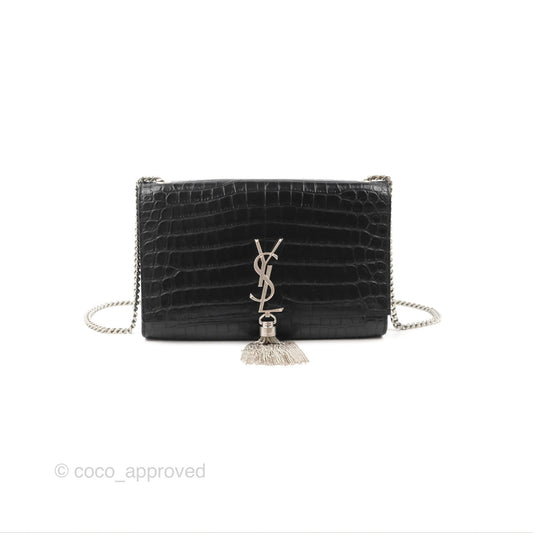 Saint Laurent Medium Kate Tassel Chain Bag Black Crocodile Embossed Calfskin Silver Hardware