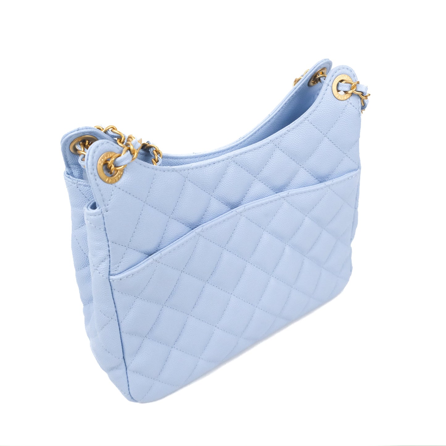 Chanel Quilted Wavy CC Hobo Light Blue Caviar Aged Gold Hardware 23P