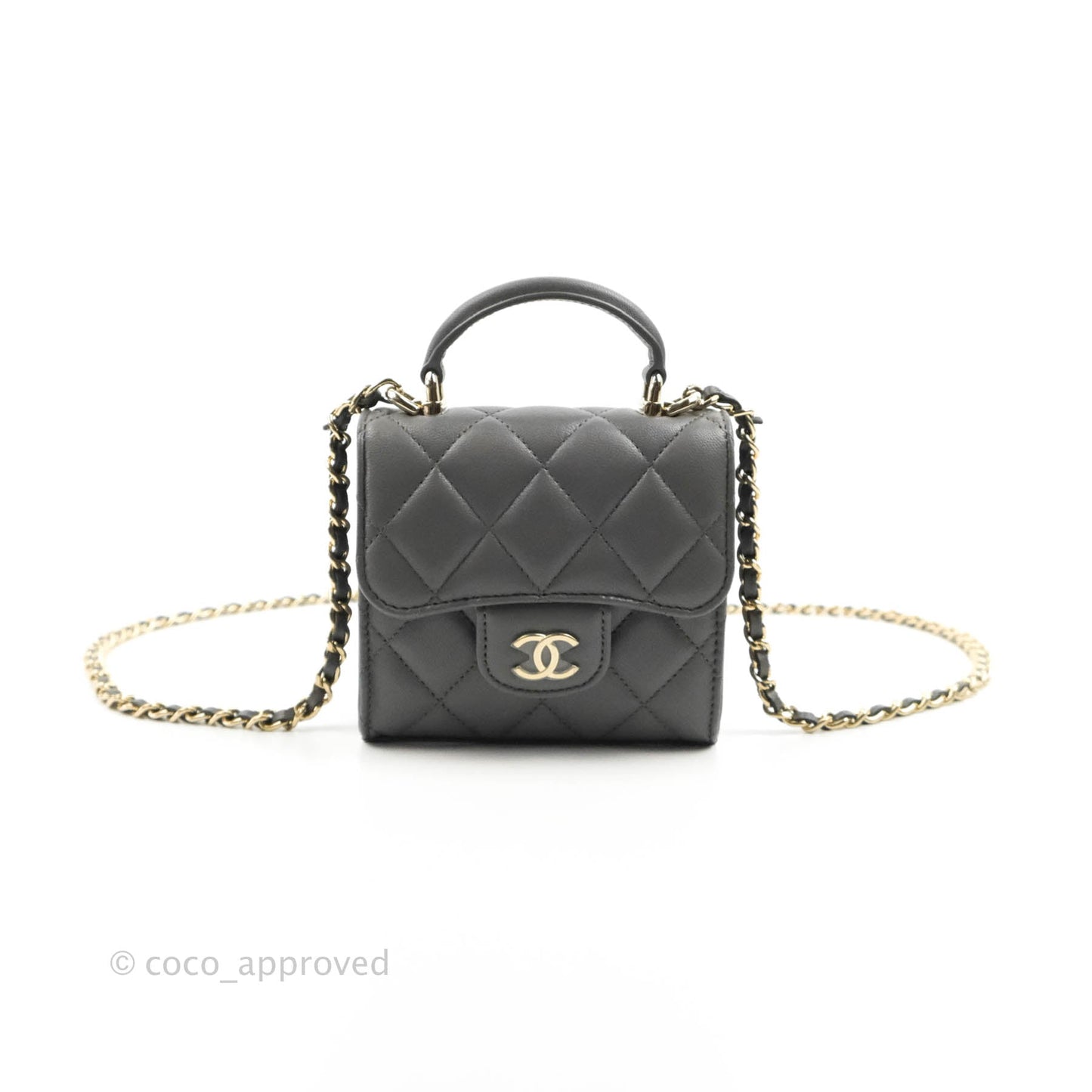 Chanel Mini Handle Clutch With Chain Grey Lambskin Gold Hardware