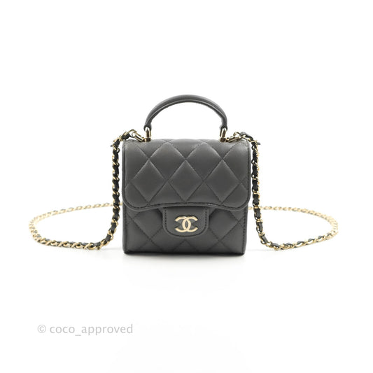 Chanel Mini Handle Clutch With Chain Grey Lambskin Gold Hardware