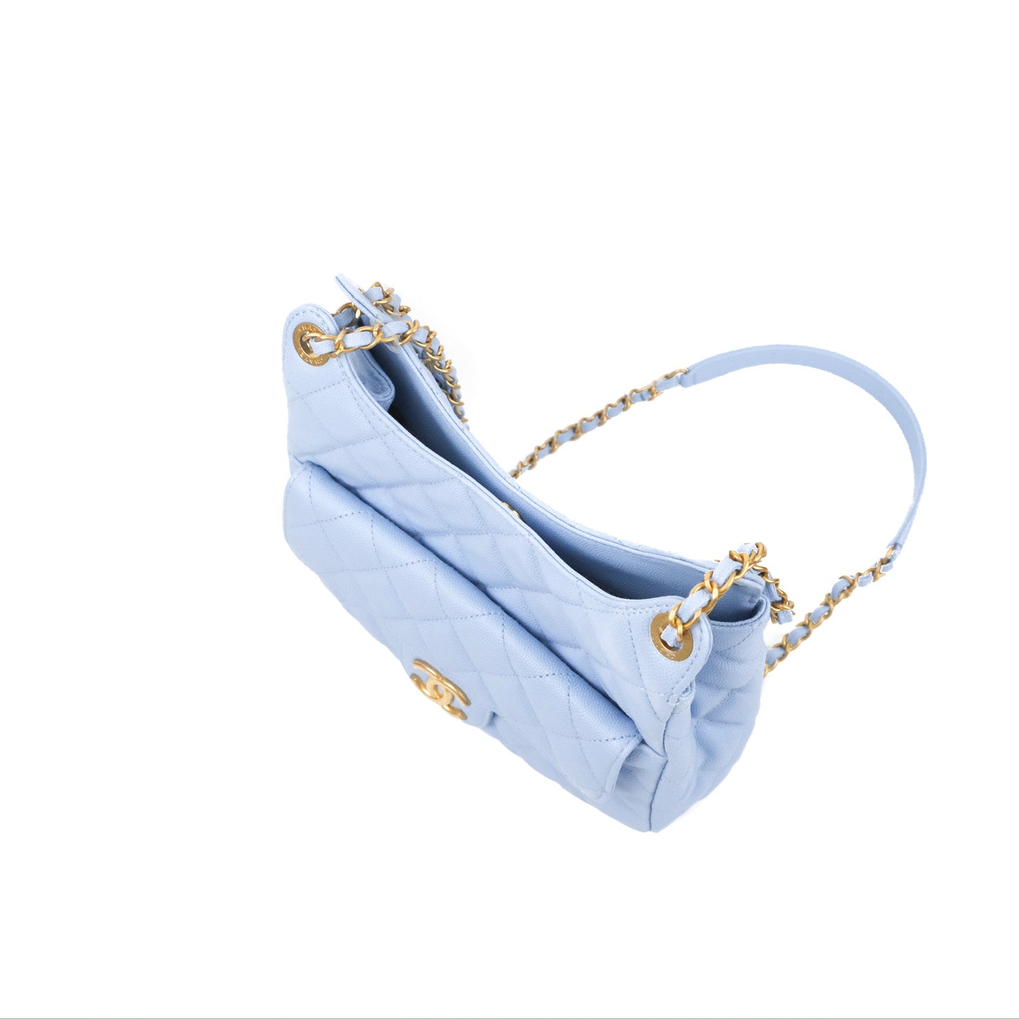 Chanel Quilted Wavy CC Hobo Light Blue Caviar Aged Gold Hardware 23P