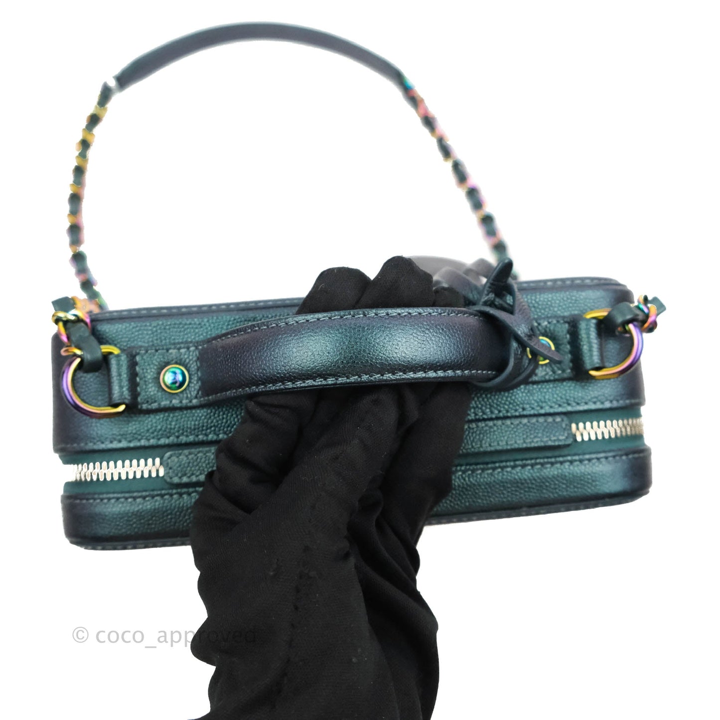 Chanel Quilted Medium CC Filigree Vanity Case Iridescent Dark Turquoise Caviar Rainbow Hardware