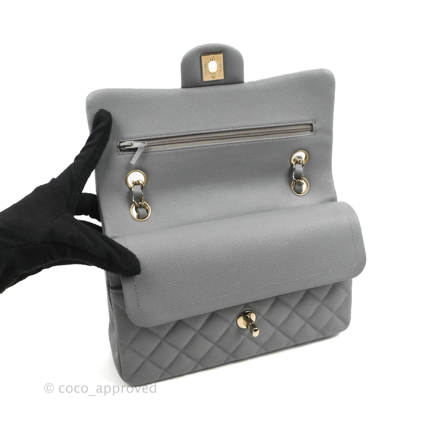 Chanel Small Classic Quilted Flap Grey Caviar Gold Hardware 20C
