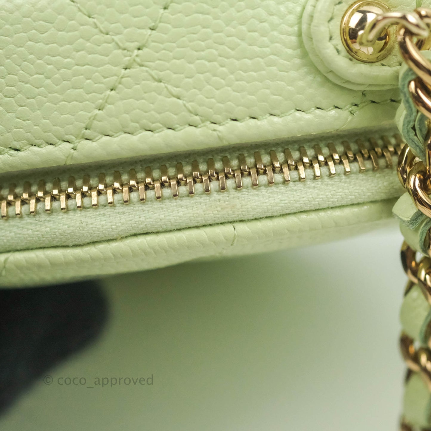Chanel Mini Round Vanity Bag Handle With Care Light Green Caviar 22C