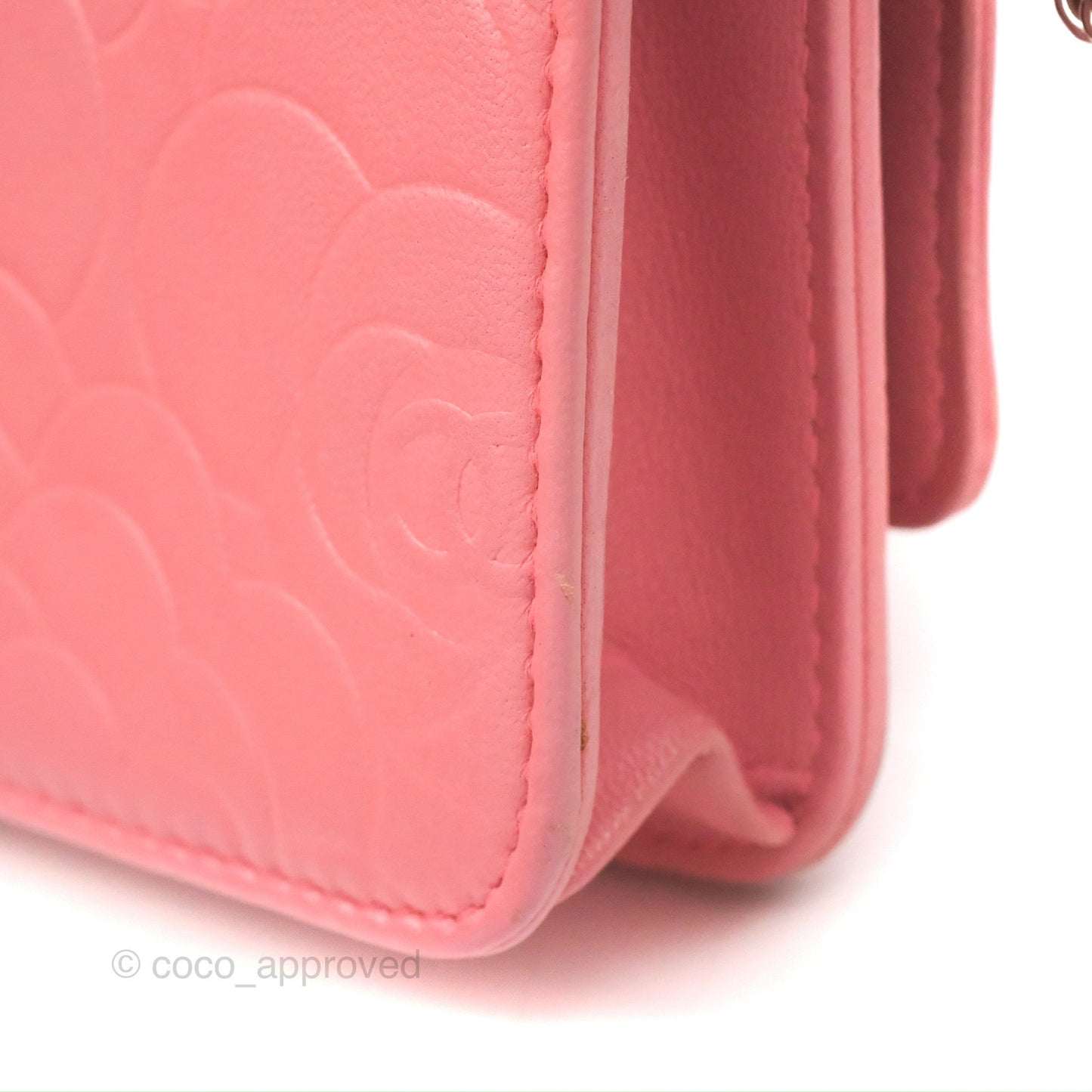 Chanel Camellia Embossed Wallet On Chain WOC Pink Lambskin Silver Hardware