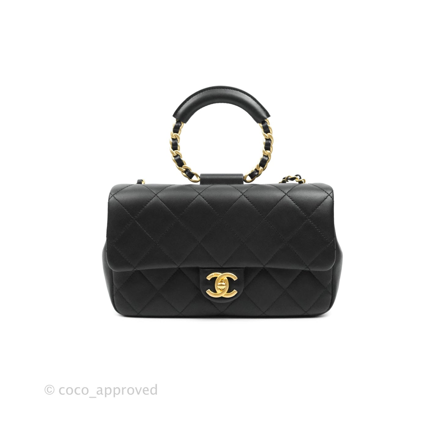 Chanel Circular Handle Flap Bag Black Lambskin Aged Gold Hardware