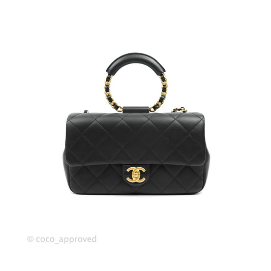 Chanel Circular Handle Flap Bag Black Lambskin Aged Gold Hardware