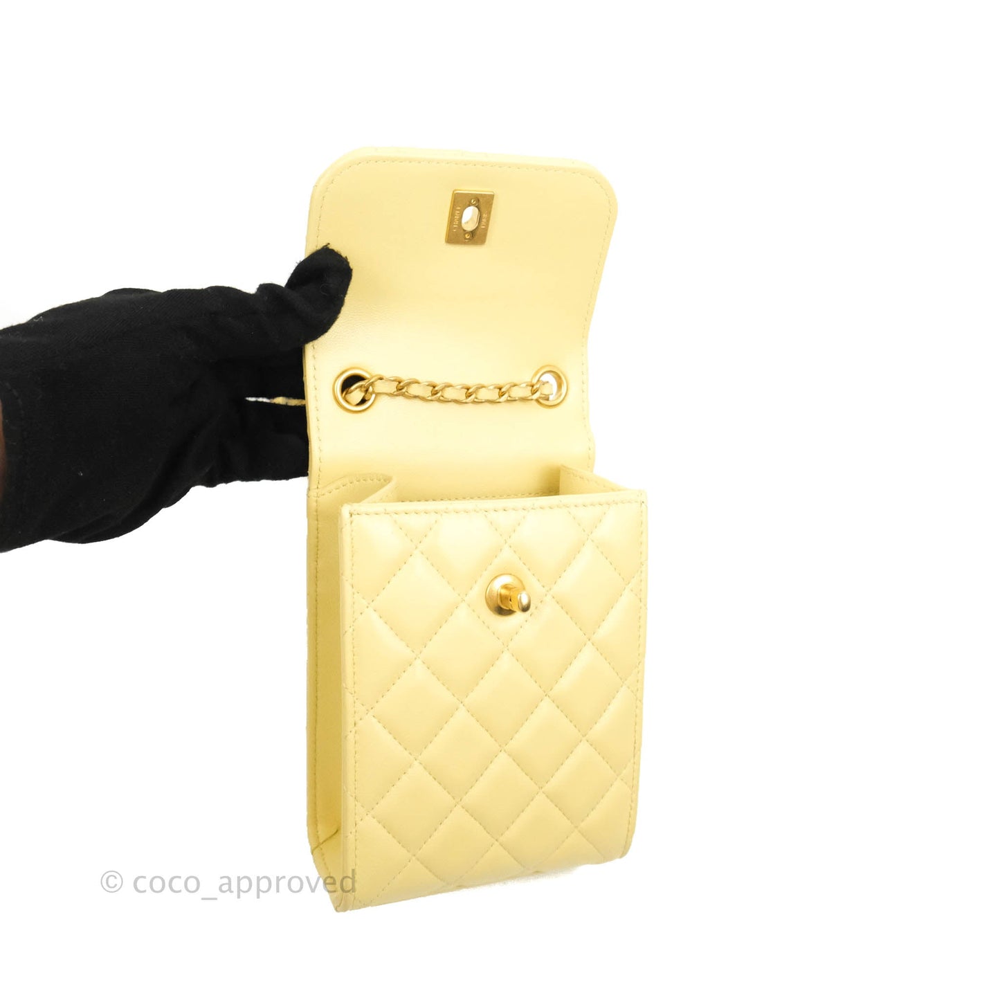 Chanel Quilted Pearl Crush Phone Holder With Chain Yellow Lambskin