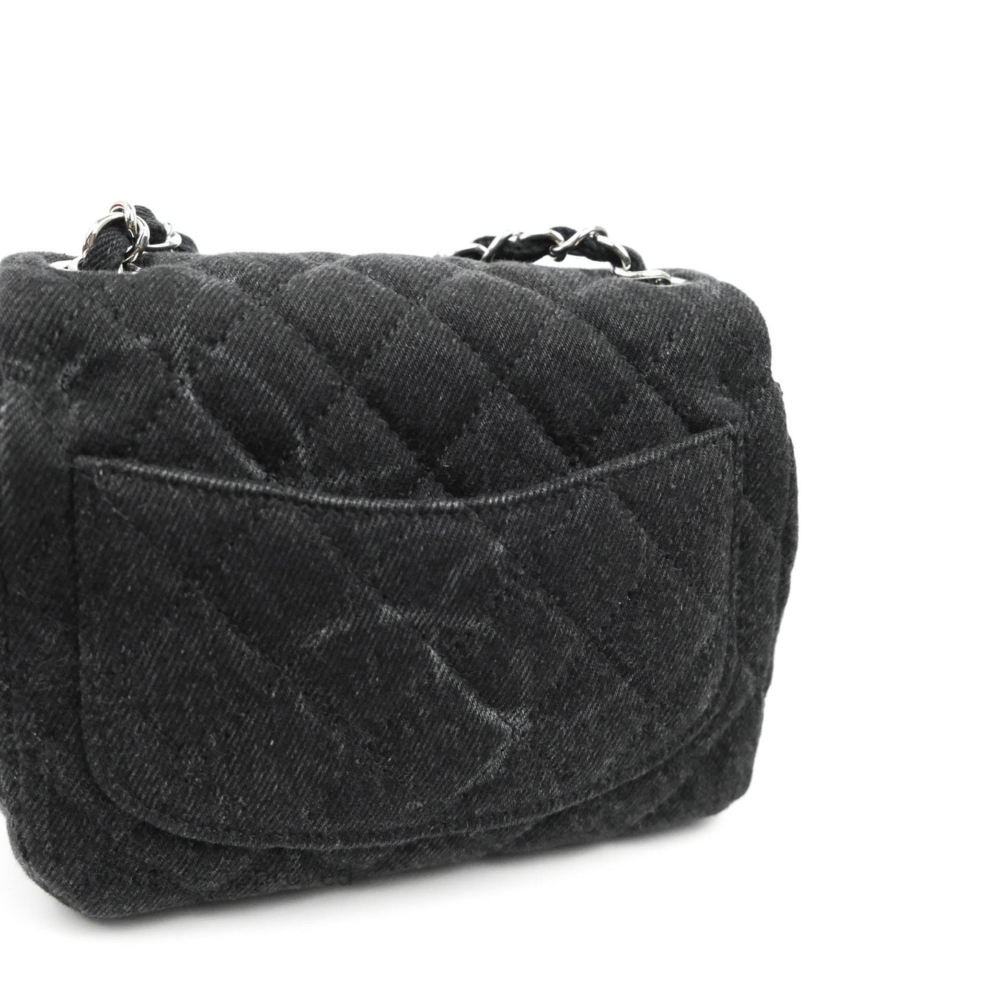 Chanel Quilted Mini Square Black Denim Silver Hardware