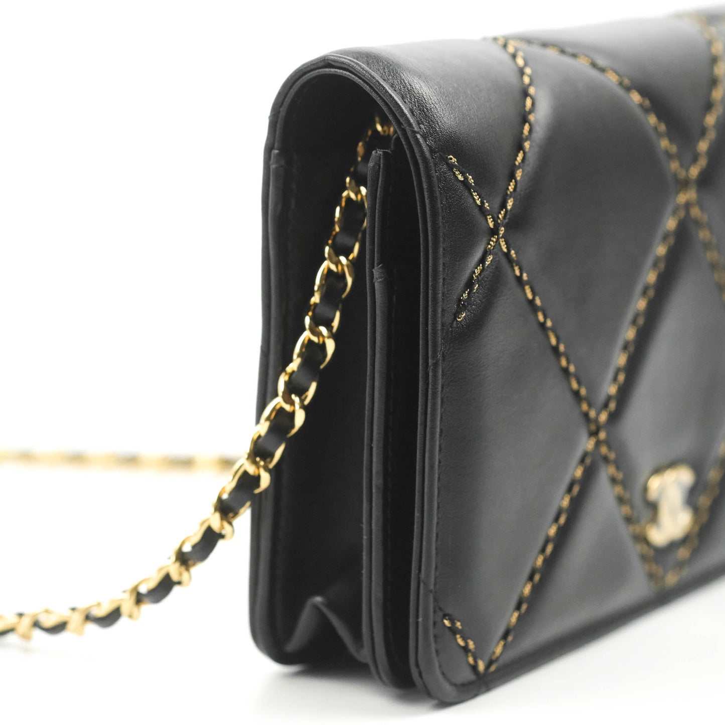Chanel Quilted Wallet on Chain WOC Stitching Black Lambskin Gold Hardware