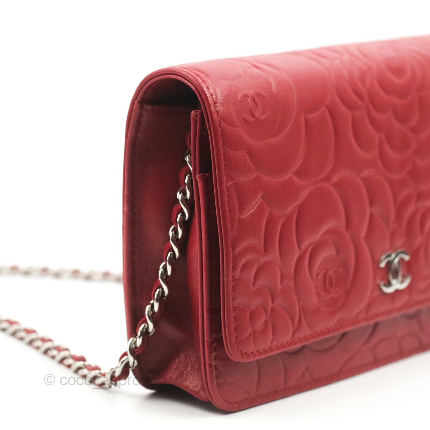 Chanel Camellia Embossed Wallet On Chain WOC Red Lambskin Silver Hardware