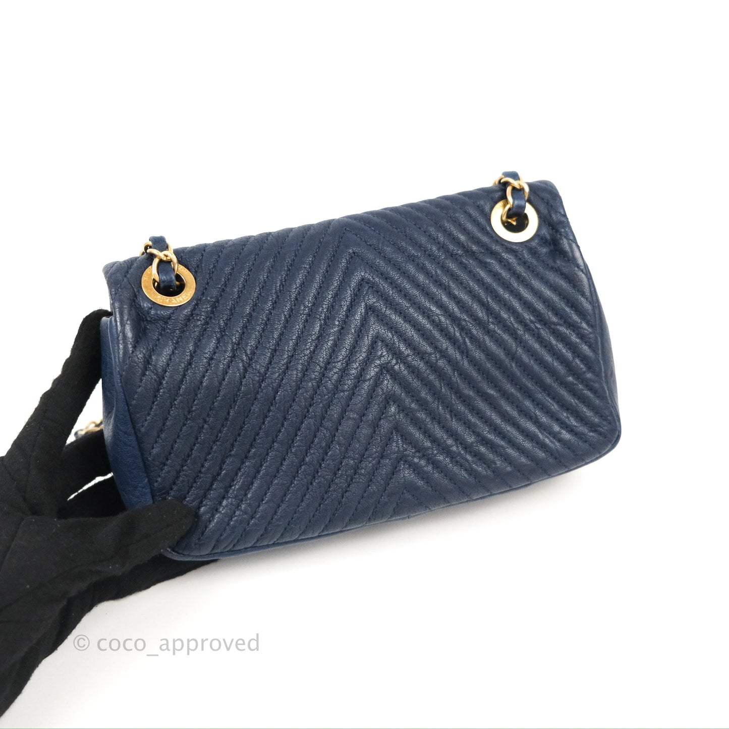 Chanel Small Chevron Surpique Flap Navy Calfskin Aged Gold Hardware