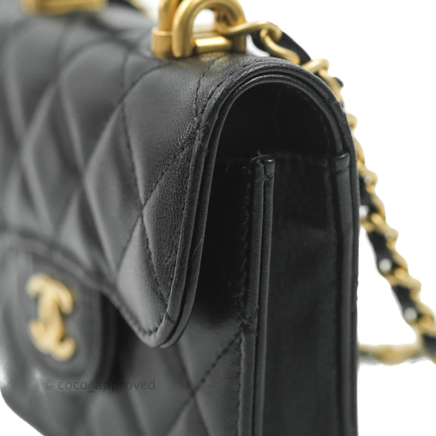 Chanel Mini Handle Flap Coin Purse With Chain Black Lambskin Gold Hardware