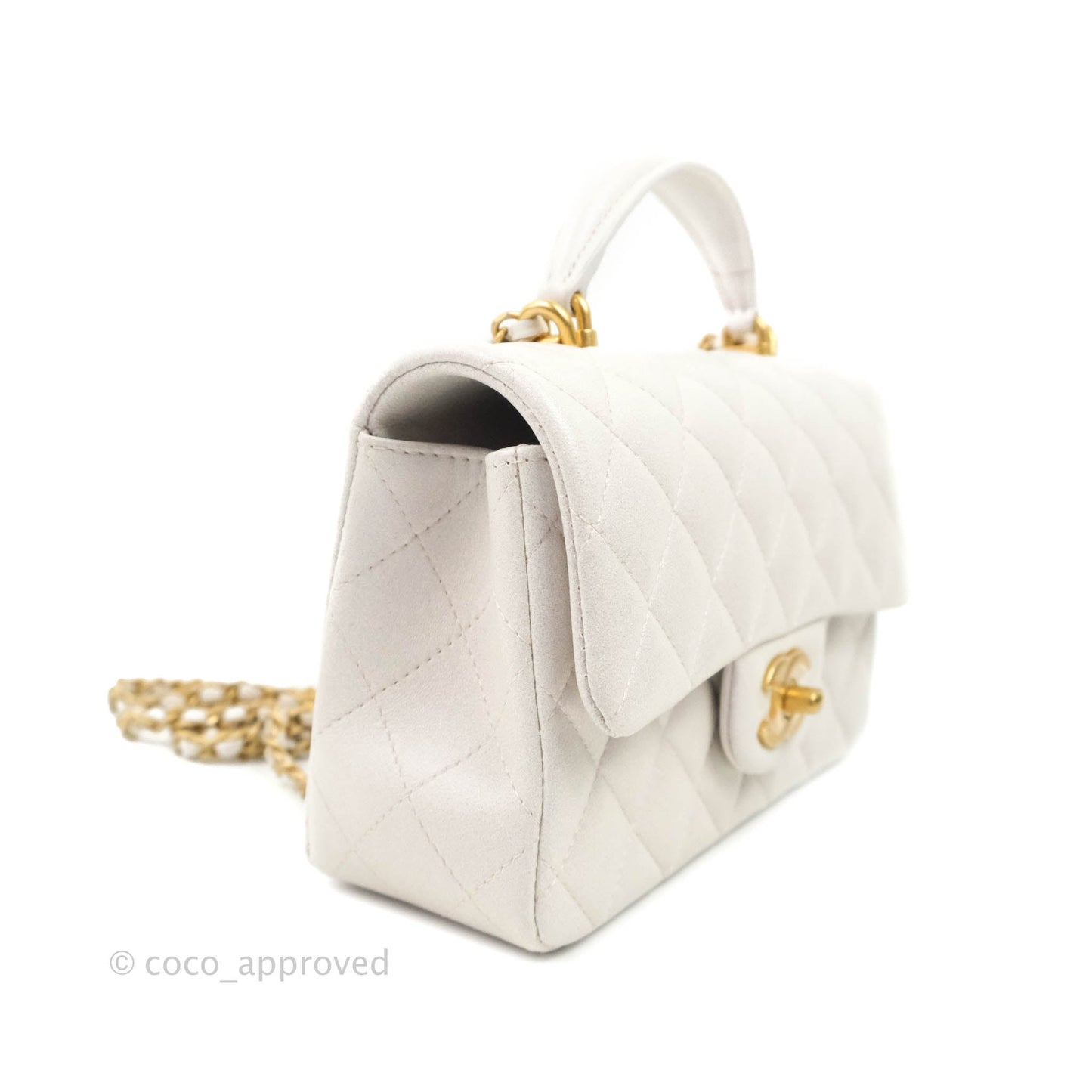 Chanel Top Handle Mini Rectangular Flap Bag Iridescent White Lambskin Gold Hardware