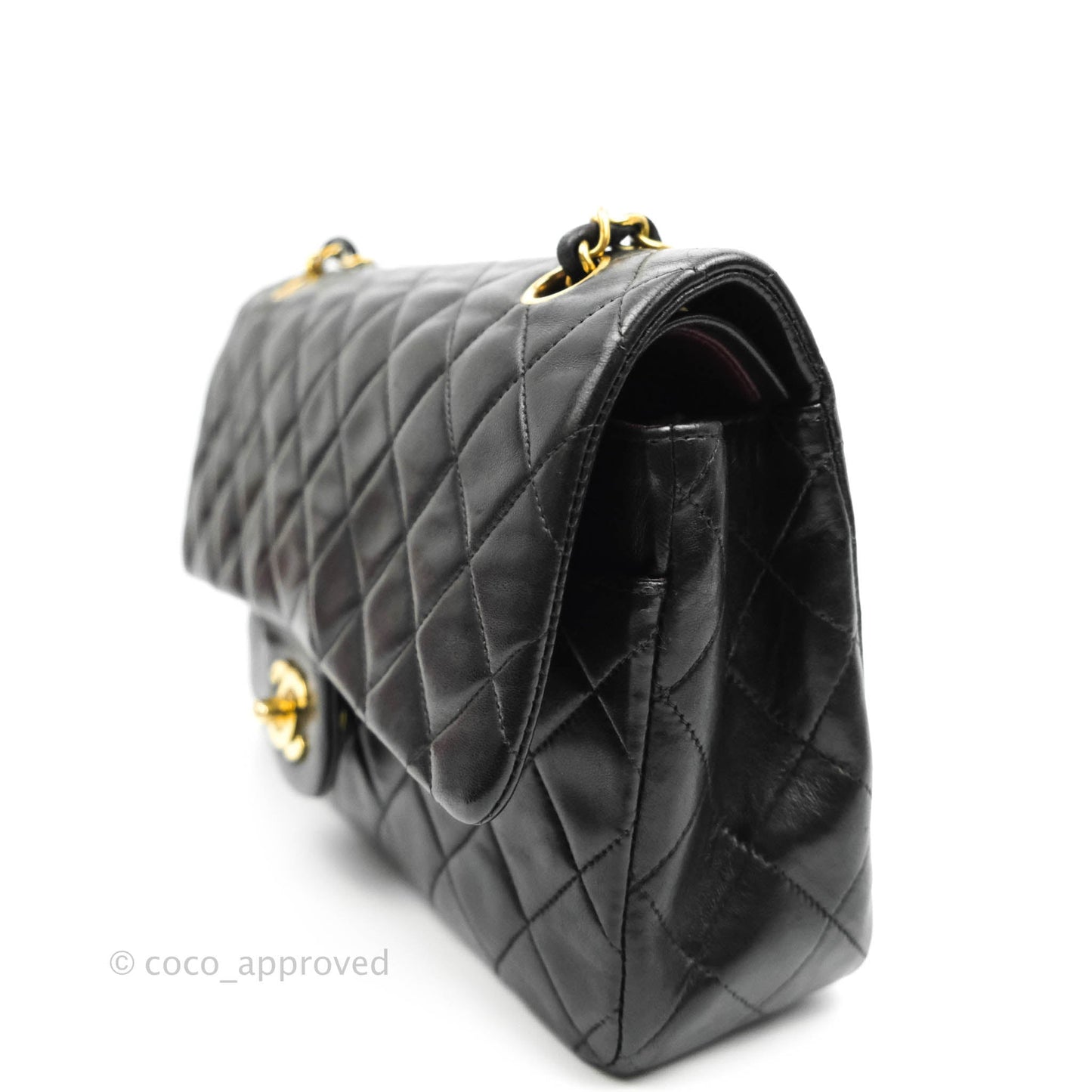 Chanel Vintage Classic M/L Medium Double Flap Bag Black Lambskin 24K Gold Hardware