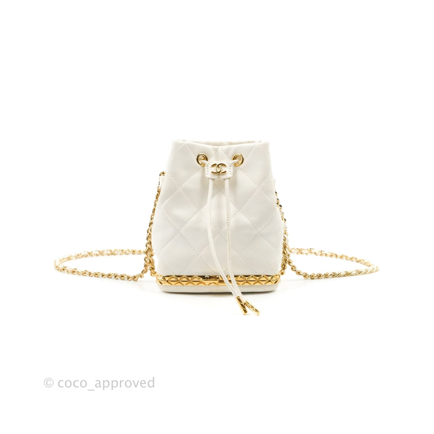 Chanel Quilted Small Drawstring Bucket Bag White Calfskin Gold Hardware