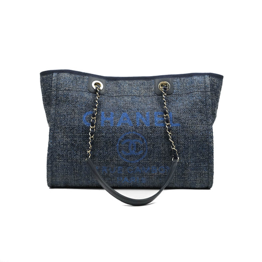 Chanel Medium Deauville Tote Navy Canvas Gold Hardware